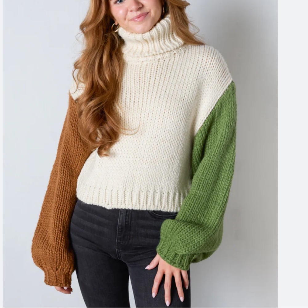 Colorblock cropped Turtleneck Sweater - Cream, Brown, and Green